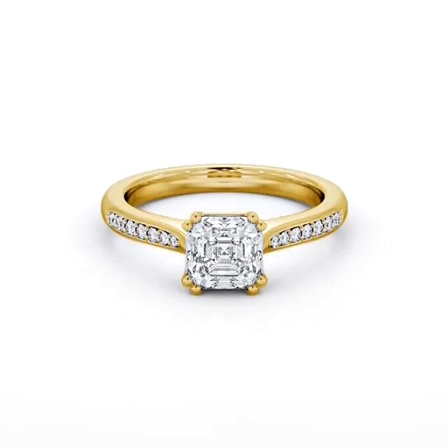 Asscher Diamond Engagement Ring 18K Yellow Gold Solitaire With Side Stones - Yara ENAS28S_YG_HAND