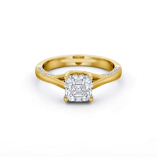 Asscher Diamond Engagement Ring 18K Yellow Gold Solitaire With Side Stones - Reese ENAS34_YG_HAND