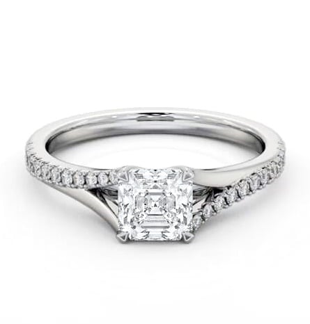 Asscher Ring 18K White Gold Solitaire with Offset Side Stones ENAS37S_WG_THUMB1