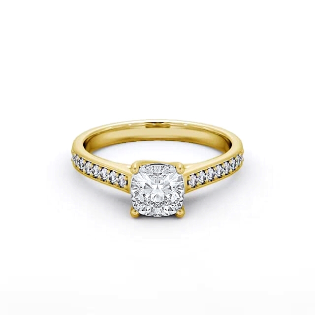 Cushion Diamond Engagement Ring 18K Yellow Gold Solitaire With Side Stones - Maylani ENCU15S_YG_HAND