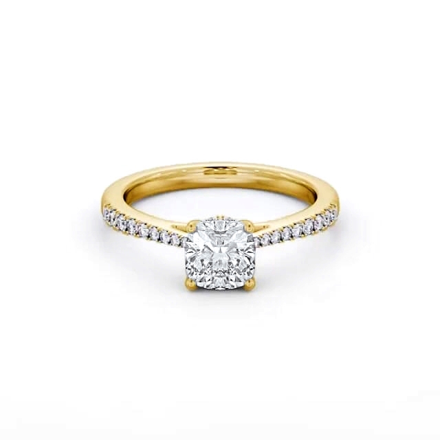 Cushion Diamond Engagement Ring 18K Yellow Gold Solitaire With Side Stones - Landren ENCU26S_YG_HAND