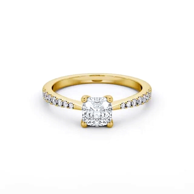 Cushion Diamond Engagement Ring 18K Yellow Gold Solitaire With Side Stones - Saya ENCU27S_YG_HAND