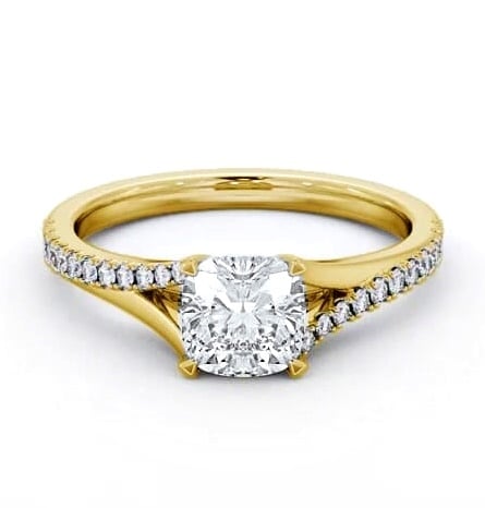 Cushion Ring 18K Yellow Gold Solitaire with Offset Side Stones ENCU38S_YG_THUMB1