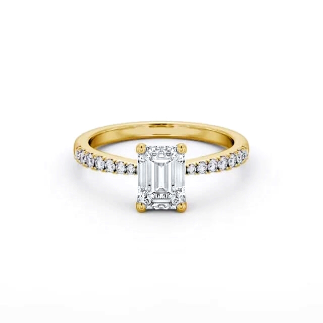 Emerald Diamond Engagement Ring 18K Yellow Gold Solitaire With Side Stones - Adira ENEM31S_YG_HAND