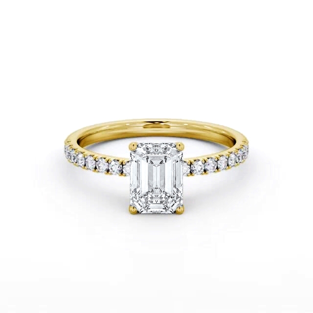 Emerald Diamond Engagement Ring 18K Yellow Gold Solitaire With Side Stones - Tatiana ENEM43S_YG_HAND