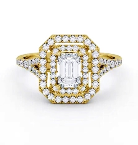 Double Halo Emerald Diamond Engagement Ring 18K Yellow Gold ENEM55_YG_THUMB1