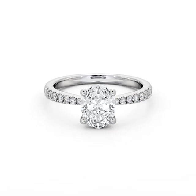 Oval Diamond Engagement Ring 18K White Gold Solitaire With Side Stones - Perielle ENOV24S_WG_HAND