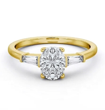 Oval Ring 18K Yellow Gold Solitaire with Tapered Baguette Side Stones ENOV26S_YG_THUMB1