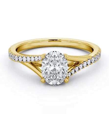 Oval Ring 18K Yellow Gold Solitaire with Offset Side Stones ENOV35S_YG_THUMB1