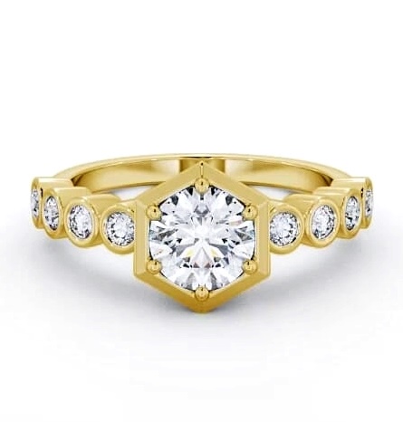 Round Diamond Hexagon Design Ring 18K Yellow Gold Solitaire with Bezel ENRD162S_YG_THUMB1