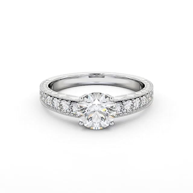 Vintage Style Engagement Ring 18K White Gold Solitaire With Side Stones - Sianna ENRD170_WG_HAND