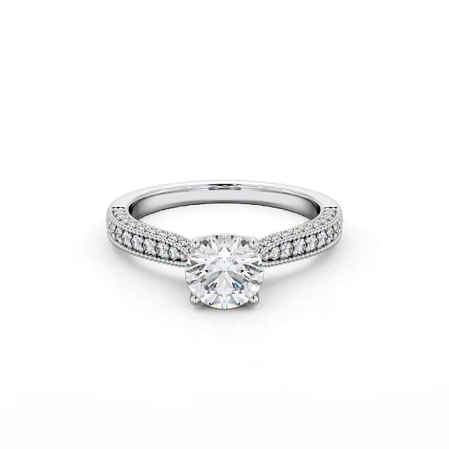 Vintage Style Engagement Ring 18K White Gold Solitaire With Side Stones - Avari ENRD173_WG_HAND