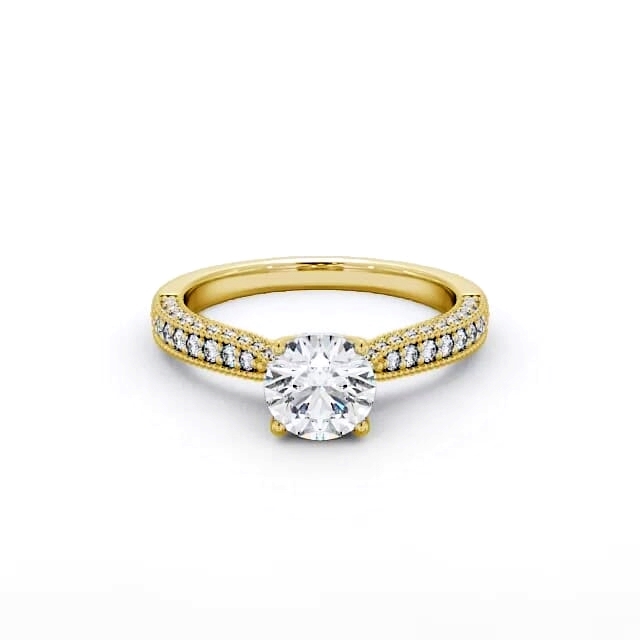 Vintage Style Engagement Ring 18K Yellow Gold Solitaire With Side Stones - Avari ENRD173_YG_HAND