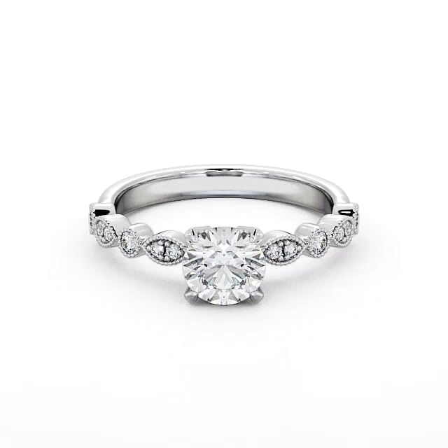 Vintage Style Engagement Ring 18K White Gold Solitaire With Side Stones - Jennah ENRD174_WG_HAND
