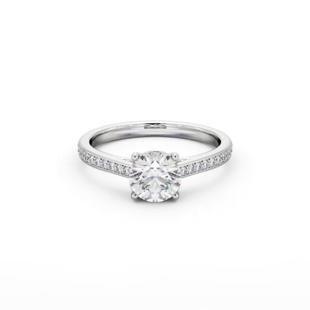Round Diamond Engagement Ring 18K White Gold Solitaire With Side Stones - Emily ENRD197S_WG_HAND