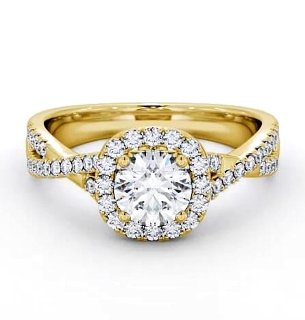 Halo Round Diamond Cross Over Band Engagement Ring 18K Yellow Gold ENRD59_YG_THUMB1