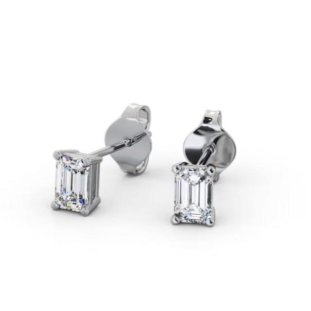 Emerald Diamond Four Claw Stud Earrings 18K White Gold - Bellamy ERG145_WG_EAR