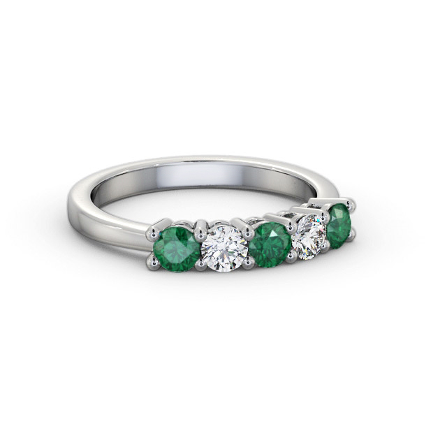 Five Stone Emerald and Diamond 0.85ct Ring 18K White Gold - Fern GEM112_WG_EM_FLAT