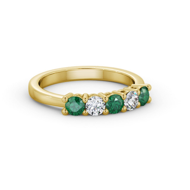 Five Stone Emerald and Diamond 0.85ct Ring 18K Yellow Gold - Fern GEM112_YG_EM_FLAT