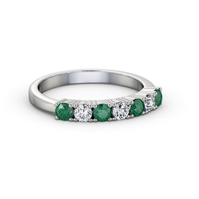 Seven Stone Emerald and Diamond 0.64ct Ring 18K White Gold - Amoni GEM114_WG_EM_FLAT