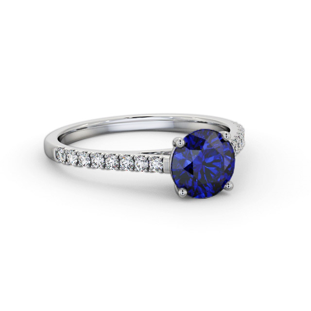 Solitaire Blue Sapphire and Diamond 18K White Gold Ring With Side Stones- Alaska GEM86_WG_BS_FLAT