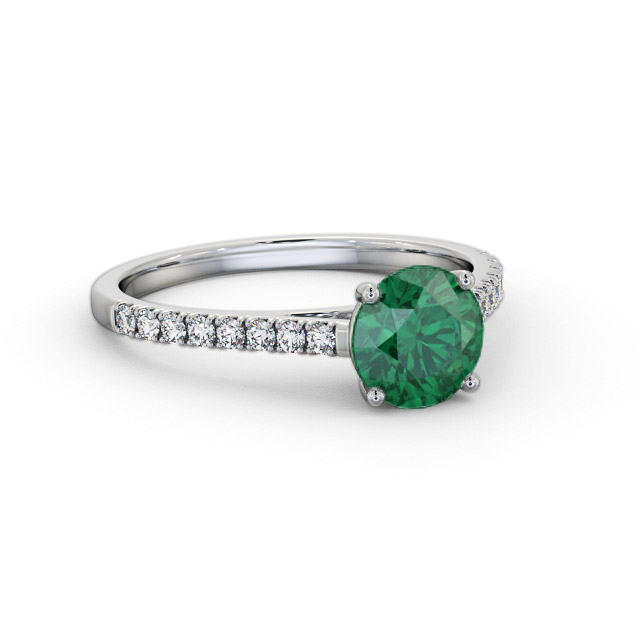 Solitaire Emerald and Diamond 18K White Gold Ring With Side Stones- Alaska GEM86_WG_EM_FLAT