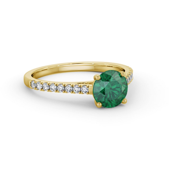 Solitaire Emerald and Diamond 9K Yellow Gold Ring With Side Stones- Alaska GEM86_YG_EM_FLAT