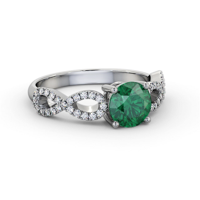 Solitaire Emerald and Diamond 18K White Gold Ring With Side Stones- Lira GEM89_WG_EM_FLAT