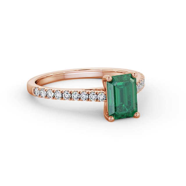 Solitaire Emerald and Diamond 9K Rose Gold Ring With Side Stones- Bayan GEM91_RG_EM_FLAT