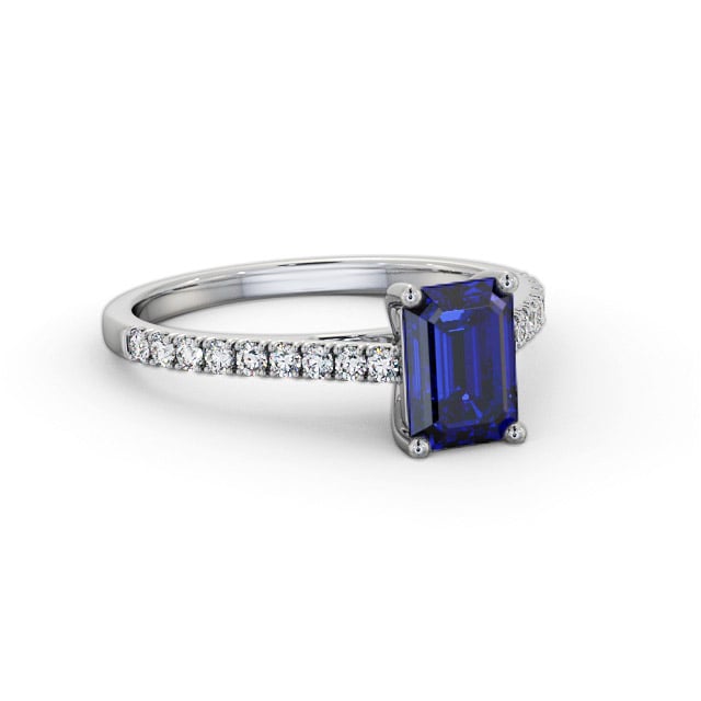 Solitaire Blue Sapphire and Diamond 18K White Gold Ring With Side Stones- Bayan GEM91_WG_BS_FLAT