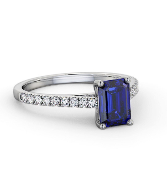 Solitaire 1.35ct Blue Sapphire and Diamond 18K White Gold Ring with Channel Set Side Stones GEM91_WG_BS_THUMB2 
