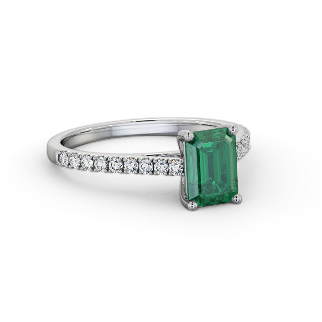 Solitaire Emerald and Diamond 18K White Gold Ring With Side Stones- Bayan GEM91_WG_EM_FLAT