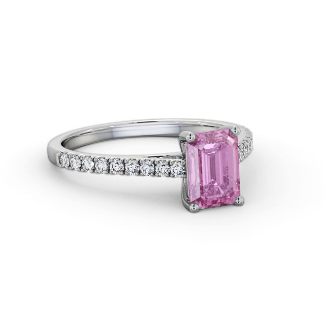 Solitaire Pink Sapphire and Diamond 18K White Gold Ring With Side Stones- Bayan GEM91_WG_PS_FLAT