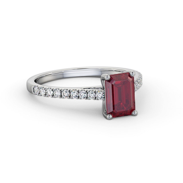 Solitaire Ruby and Diamond 18K White Gold Ring With Side Stones- Bayan GEM91_WG_RU_FLAT