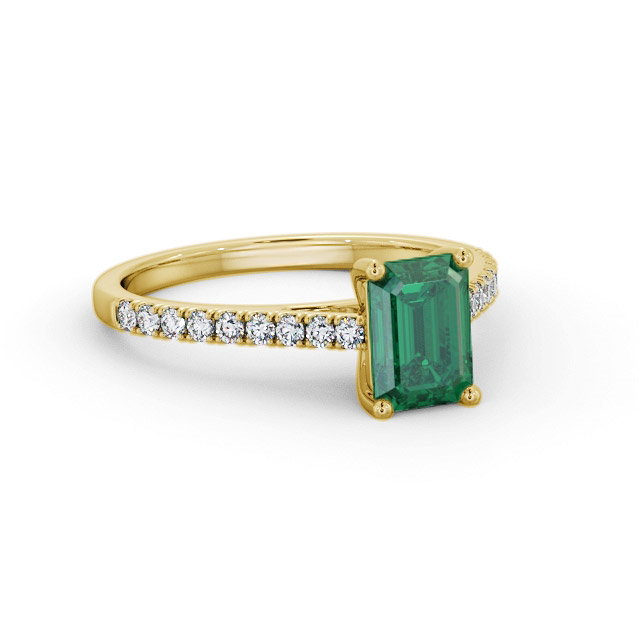 Solitaire Emerald and Diamond 9K Yellow Gold Ring With Side Stones- Bayan GEM91_YG_EM_FLAT