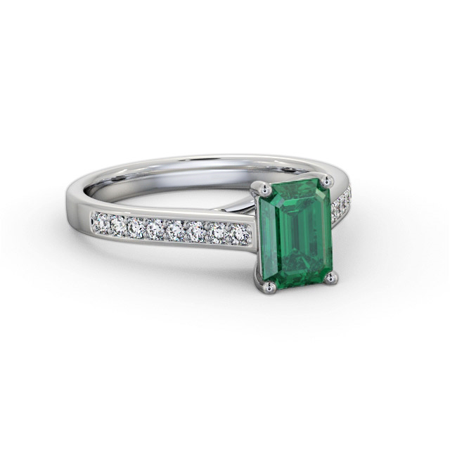 Solitaire Emerald and Diamond 18K White Gold Ring With Side Stones- Marion GEM92_WG_EM_FLAT