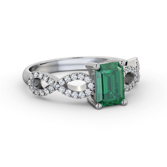 Solitaire Emerald and Diamond 18K White Gold Ring With Side Stones- Nava GEM94_WG_EM_FLAT