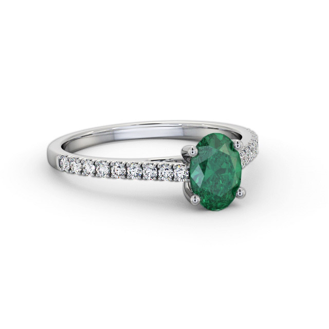 Solitaire Emerald and Diamond 18K White Gold Ring With Side Stones- Brianda GEM95_WG_EM_FLAT