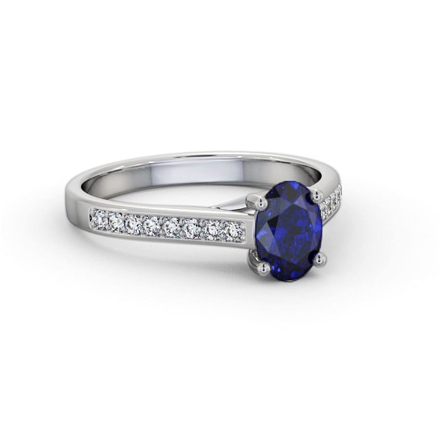 Solitaire Blue Sapphire and Diamond 18K White Gold Ring With Side Stones- Harben GEM96_WG_BS_FLAT