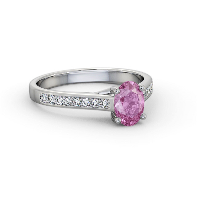 Solitaire Pink Sapphire and Diamond 18K White Gold Ring With Side Stones- Harben GEM96_WG_PS_FLAT