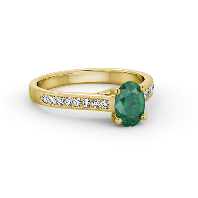 Solitaire Emerald and Diamond 9K Yellow Gold Ring With Side Stones- Harben GEM96_YG_EM_FLAT
