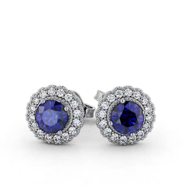 Halo Blue Sapphire and Diamond 1.56ct Earrings 18K White Gold - Elouise GEMERG2_WG_BS_EAR