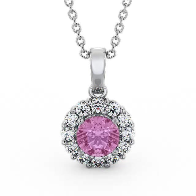 Halo Pink Sapphire and Diamond 1.89ct Pendant 18K White Gold - Rowan PNT15GEM_WG_PS_NECK