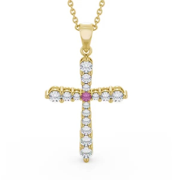 Cross Pink Sapphire and Diamond 0.97ct Pendant 9K Yellow Gold PNT1GEM_YG_PS_THUMB1