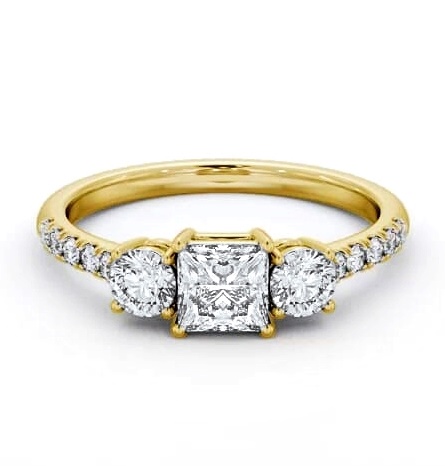 Three Stone Princess and Round Ring 18K Yellow Gold with Side Stones TH103_YG_THUMB2 