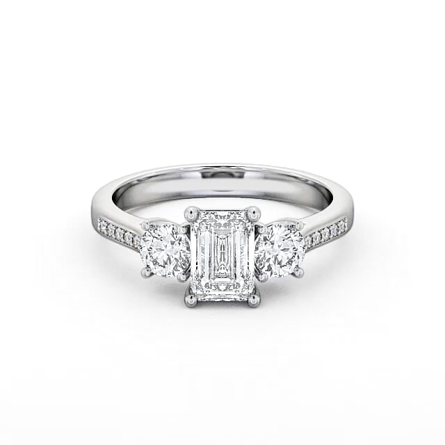 Three Stone Emerald Diamond Ring 18K White Gold With Side Stones - Jolina TH14S_WG_HAND