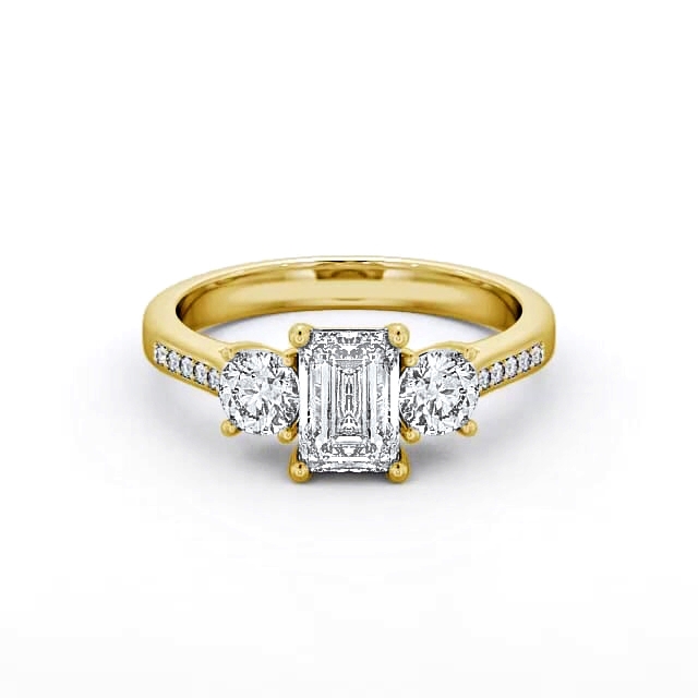 Three Stone Emerald Diamond Ring 9K Yellow Gold With Side Stones - Jolina TH14S_YG_HAND
