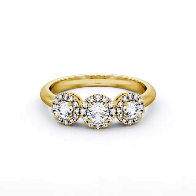 Three Stone Round Diamond Engagement Ring 9K Yellow Gold With Halo - Samaria TH19_YG_HAND