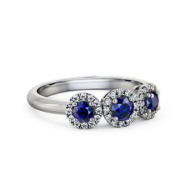 Three Stone Cluster Blue Sapphire and Diamond 0.64ct Ring 18K White Gold - Brianna TH19GEM_WG_BS_HAND