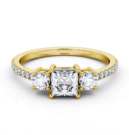 Three Stone Princess and Round Ring 18K Yellow Gold with Side Stones TH60_YG_THUMB2 